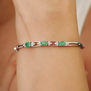 Custom Made 925 Sterling Silver Natural Emerald Gemstone & Diamond <b>Bangle</b> <b>Bracelet</b> For Women Party Wear Jewelry - Product Image 2