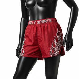 Shorts de Baño para Mujer, Tela de Natación de Nailon y Poliéster de Alta Calidad, 120 GSM, Panel Rojo con Diseño de Llama, Logotipo Personalizado con Hotfix - Product Image 1