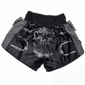 Shorts de combat Skull Warrior Premium pour Muay Thai, MMA et boxe |   Shorts d'entraînement unisexes avec logo extensible sur le devant |   Noir Argenté - Product Image 6