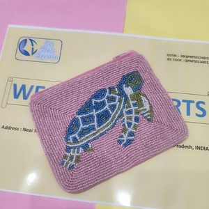 Handmade <b>Beaded</b> Sea Turtle Pouch Pink Coin <b>Purse</b> Zipper Clutch Small Handcrafted <b>Beaded</b> Pouch Women Gift Travel Wallet - Product Image 1