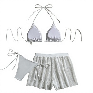 Women's <b>White</b> 2 Piece <b>Bikini</b> <b>Set</b> Halter Top Lace Up Shorts Swimwear Stretch Solid Color Knitted Beachwear - Product Image 1