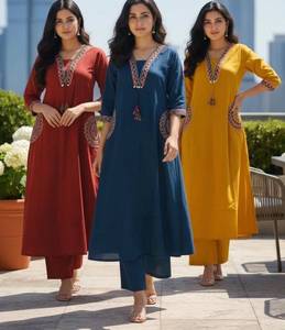 ชุดคุर्ตาผ้าฝ้ายปักลายสีน้ำเงินสำหรับผู้หญิง แขนสามส่วน ชุดฤดูร้อนสไตล์ชาติพันธุ์แบบเต็มตัว - Product Image 6