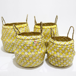 New Design Circle Durable Palm Leaf Woven Storage <b>Basket</b> <b>Foldable</b> with Handle Yellow - Product Image 2