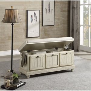 Panca contenitore resistente in legno massello con finitura bianca e rivestimento beige, seduta ribaltabile, per casa e camera da letto, con seduta imbottita in schiuma - Product Image 2