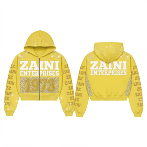 Sweat à capuche zippé pour femme, 320 GSM, coton, polyester, polaire, jaune, panneaux latéraux contrastés, strass, broderie personnalisée, impression OEM ODM - Product Image 1
