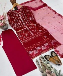 Salwar Kameez brodé rouge avec dupatta, tenue traditionnelle indienne et pakistanaise pour mariage, longueur cheville, pour femme, 71875 KARMA- ST-178 - Product Image 4