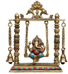 Statue de Ganesha en laiton de style traditionnel faite à la main, avec clochettes suspendues Jhula pour la décoration de la maison, pour le salon, les festivités de Diwali - Product Image 3