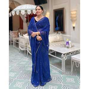 Sari indien de style traditionnel, très beau, produit phare, sari en soie bleu Neelam, sari Bandhani, matière Georgette pour les mariages - Product Image 3