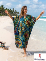 Robe Kaftan de Plage Imprimée Personnalisée pour Femme, Coupe Ample en Rayonne, Soie et Coton, Cache-Maillot Tendance, Fabricant OEM ODM, Tissu Personnalisé