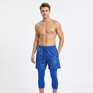 Shorts de bain bleus pour hommes avec leggings intégrés, séchage rapide, couleur unie, taille à cordon de serrage, style Awrah musulman, sport et décontracté - Product Image 1