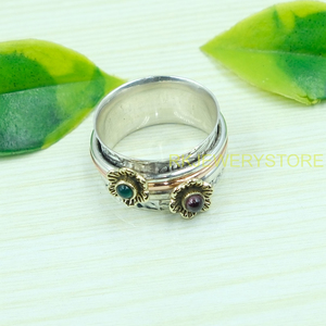 Green Onyx and Red Garnet <b>Spinner</b> <b>Ring</b> Thumb <b>Ring</b> 925 Sterling <b>Silver</b> Handmade Hammered <b>Ring</b> With Brass And Copper Jewelry - Product Image 6