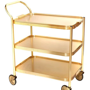 รถเข็นเหล็กเคลือบทองอเนกประสงค์พร้อมชั้นวางกระจก รถเข็นเสิร์ฟแบบมีล้อ สำหรับใช้ในบ้าน ห้องครัว ห้องรับประทานอาหาร จัดเก็บเครื่องดื่ม - Product Image 1
