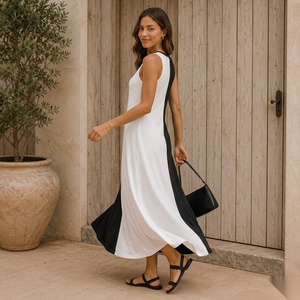 Vestido Maxi Asimétrico sin Mangas con Bloques de Color, Cuello Redondo, Silueta en A, Tejido de Punto Transpirable, Vestido Casual de Verano - Product Image 4