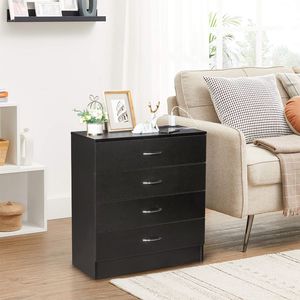 Comodino PB Wood Simple a 4 cassetti, stile moderno, in legno massello e vetro con porte USB e presa di corrente, nero, per camera da letto - Product Image 2
