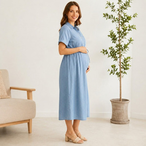 Robe chemise en chambray de maternité, longueur mi-mollet, manches courtes, coupe trapèze ample, respirante, pour femme, idéale pour l'été - Product Image 2