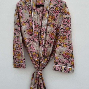 Bata de Casa de Algodón Puro Estampada a Mano, Kimono de Verano con Estampado Floral, Túnica de Playa/Ropa Casual Cómoda para Maternidad - Product Image 4
