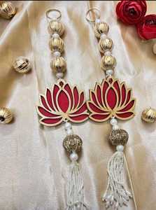 Handcrafted Red and Gold Lotus Latkan Door Hanging Set for Festive Indian Home <b>Decor</b> Elegant Pearl Accents and White Seed Bead - Product Image 2