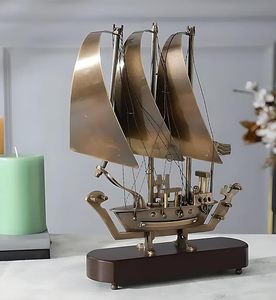 ของตกแต่งบ้าน/สำนักงาน รูปเรือใบทองเหลืองโบราณ งานแฮนด์เมด พร้อมฐานไม้ - Product Image 3