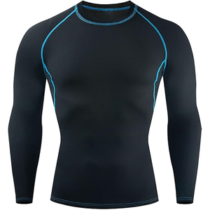 Men's Long Sleeve <b>Compression</b> Rash Guard Black with Blue Trim Quick Dry Spandex Polyester Fit for MMA BJJ Muay Thai Training - Product Image 3