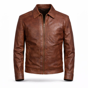 Unisex <b>Brown</b> Genuine <b>Leather</b> Classic Zipper Waterproof Windproof Breathable Eco-Friendly Bomber <b>Jacket</b> Streetwear Winter Casual - Product Image 1
