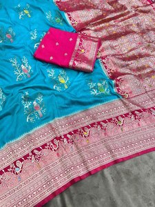 Sari en soie douce de style boutique avec tissage riche et finition de bordure en piping - Product Image 2
