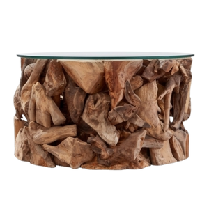 Table basse rustique en bois de teck rond, faite à la main, de style moderne, avec plateau en verre, ARTERRA, pour salon - Product Image 2