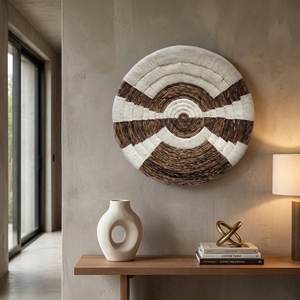 Panier mural en macramé en écorce de bananier naturelle, plateau peu profond rond à rayures géométriques en arc, décoration artistique pure pour aménagement de pièce, artisanat bohème - Product Image 4