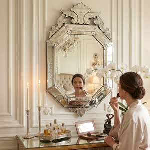 Miroir mural baroque vénitien antique orné |   Miroir décoratif vintage à cadre sculpté pour une décoration élégante du salon - Product Image 5