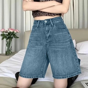 Women's Light Blue Dark Blue Black White Grey Boot Cut Knee-Length Vintage Cotton Denim Shorts Hand-painted Ripped - Product Image 4