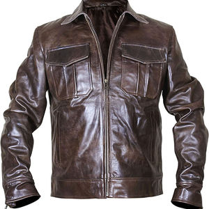 <b>Men's</b> Brown Genuine Leather Moto Biker <b>Jacket</b> Turn-down Collar Zipper Closure Regular Fit Autumn Wear - Product Image 2