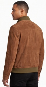 Wholesale <b>Men</b> <b>Suede</b> Bomber <b>Jacket</b> Olive Ribbed Collar Flight Coat Custom Slim Fit Yoke Trim Outerwear Factory - Product Image 3