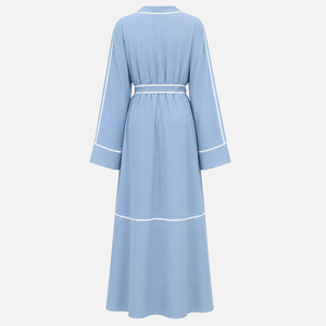 New ODM Customized Women Modest Polyester Open Front Matching <b>Belt</b> Piping Soft Comfortable Fabric V Neck Long Sleeve Quick Dry - Product Image 2