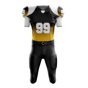 Conjunto de Uniforme de Fútbol Americano Sublimado Personalizado, Pantalones y Camiseta Negros con el Número 99 Dorado, para Hombre Adulto, Transpirable, de Poliéster - Product Image 1