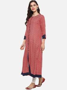 ชุดอานาร์กาลีคุร์ตาสีชมพูสำหรับผู้หญิง ผ้าเรยอน พิมพ์ลายเรขาคณิต ดีไซน์เนอร์ออกแบบ คอทรงกลม แขนสามส่วน เหมาะสำหรับชุดพื้นเมืองทั่วโลก - Product Image 5