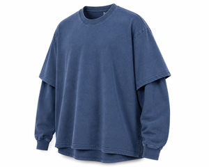 T-shirt à manches longues en coton à col rond pour homme, coupe oversize, double couche, avec logo frontal, anti-boulochage, style streetwear - Product Image 3