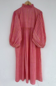 Robe longue en coton rayé faite à la main, col à volants, manches bouffantes, coupe ample, style A-line, respirante, tenue bohème légère et fluide, vintage - Product Image 5