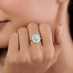 Trendy Handmade Design Cabochon Cut <b>Turquoise</b> & Diamond Double Cluster <b>Ring</b> For Wedding December Birthstone 14K Yellow Gold - Product Image 2