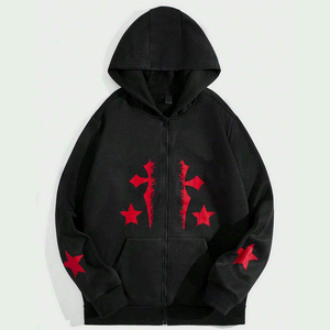 Sudadera con capucha personalizada de invierno, gruesa, con cremallera y cruz gótica, gráfico de estrella negra y roja, estilo oversize, streetwear, Y2K, punk, de algodón y forro polar, unisex - Product Image 1