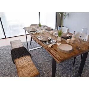Modern Luxury SolidWood Live Edge Glass Top <b>Round</b> Commercial <b>Dining</b> <b>Table</b> 2 Bench Sets Restaurant Furniture Eco-Friendly - Product Image 6