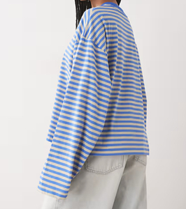 T-shirt en tricot décontracté pour femme, à manches courtes, col rond, coupe ample, rayures vertes et blanches, avec poches, écologique, pour l'été - Product Image 5