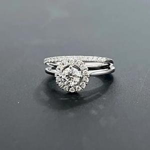 Round Brilliant Cut Diamond Halo Engagement <b>Ring</b> Set for Women in White Gold Elegant Pave Band Bridal Set Stackable Wedding <b>Ring</b> - Product Image 1