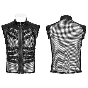 เสื้อกั๊กหนังตาข่ายสไตล์โกธิคพังก์สีดำสำหรับผู้ชาย ดีไซน์หล่อเท่ พร้อมห่วงหนังและดีเทลเว้า - Product Image 1