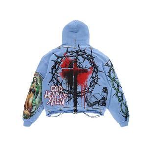 Jersey de algodón pesado para hombre, sudaderas de gran tamaño, venta al por mayor, logotipo personalizado, impresión completa, ropa de calle lavada vintage, sudaderas con capucha - Product Image 3