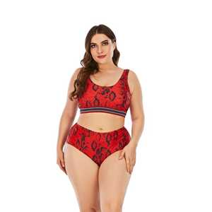 <b>Red</b> Leopard Print Two Piece Bikini Set Scoop Neck High Waist Plus Size Spandex Polyester <b>Crop</b> <b>Top</b> With Contrast Binding - Product Image 4