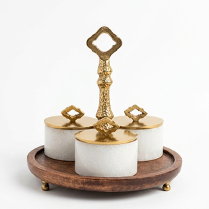 Ensemble de 3 plateaux de service pour fruits secs en marbre blanc avec base en bois, couvercle et poignées latérales, plateau à collation doré, vaisselle - Product Image 5