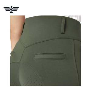 <b>Women</b> High Waist Full Length Riding Pants Olive Green Spandex Nylon Four-Way Stretch Button <b>Fly</b> Solid Color - Product Image 6