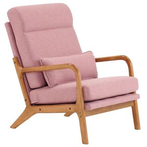 Solid Wood High Back Armrest & <b>Backrest</b> Chair with Iron Frame Linen Indoor Leisure Chair in Pink for Living Room - Product Image 4