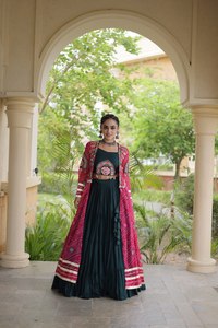 Traditional Indian Ethnic Blouse With Embroidered Red Jacket Black Lehenga Floor-Length Loose Fit Women's Wedding Wear <b>Dress</b> - Product Image 1
