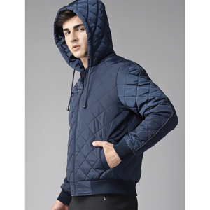 Men's Navy Quilted Hooded <b>Jacket</b> With Zipper Closure Windproof Winter Outerwear Casual Style Polyester Wadding - Product Image 3