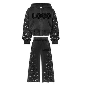 Custom Quality Two Pieces Sets Vintage Blank <b>Hoodie</b> and Sweatpants Sweat Track Suit Gym Zip up Baggy Oversize Plain Tracksuit - Product Image 6